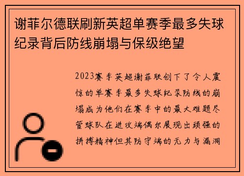谢菲尔德联刷新英超单赛季最多失球纪录背后防线崩塌与保级绝望