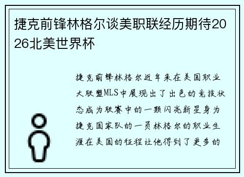 捷克前锋林格尔谈美职联经历期待2026北美世界杯 捷克前锋林格尔谈美职联经历期待2026北美世界杯